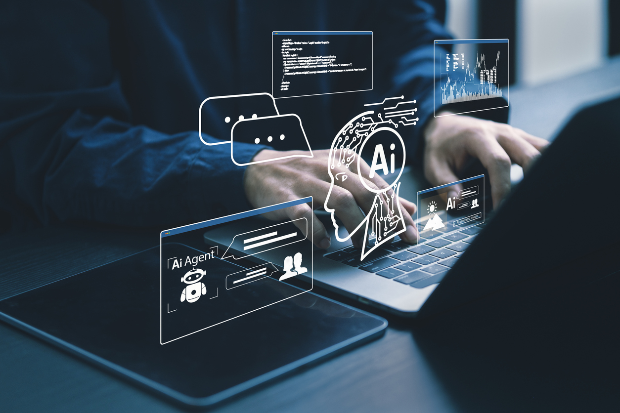 Humans are using laptops and computers to interact with AI, helping them create, code, train AI, or analyze big data with fast, cutting-edge technology.